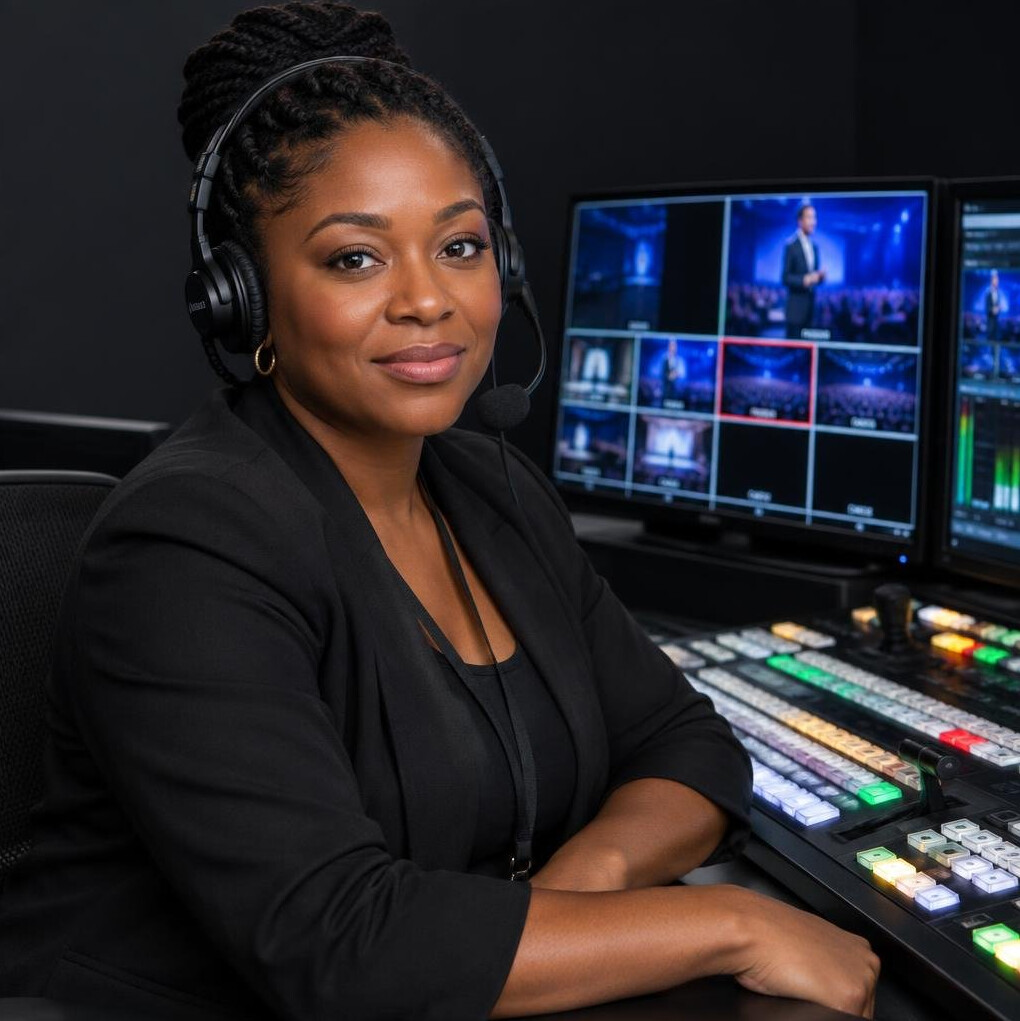 Live broadcast director working at a multi-camera vision mixer